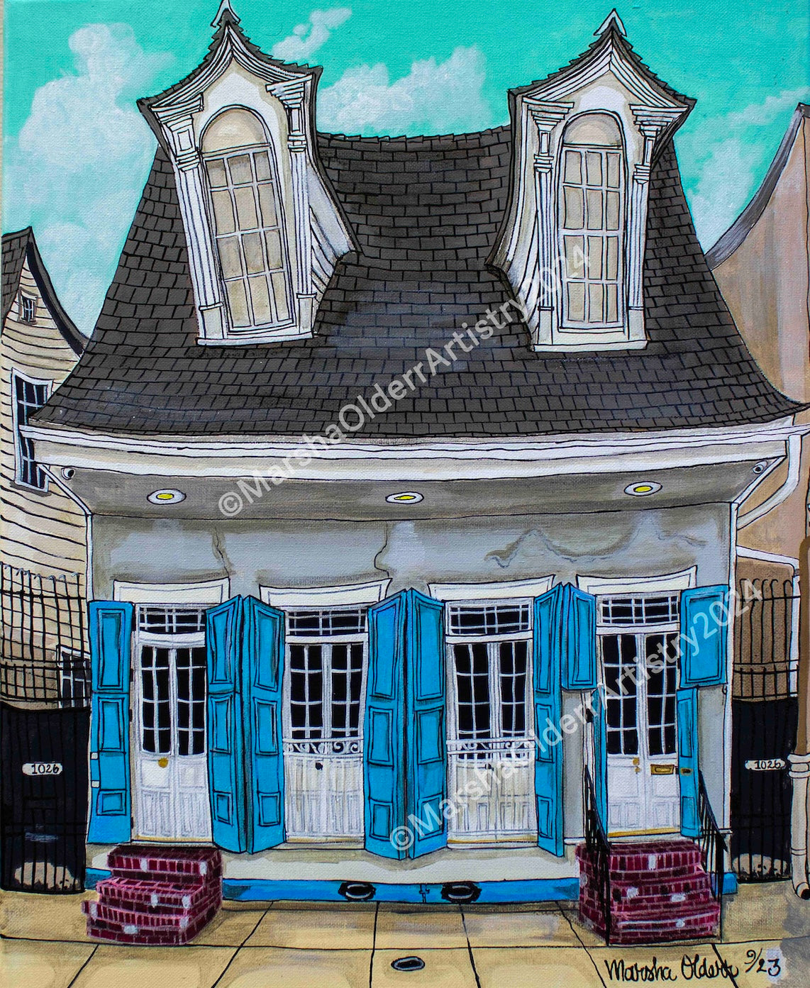 Creole Duplex 4-Bay Blue Shutters Shotgun Original Painting