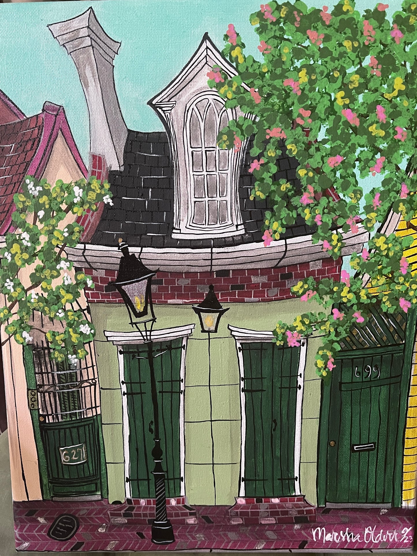 Dark Green Hurricane Shutters and Bricks Original Painting