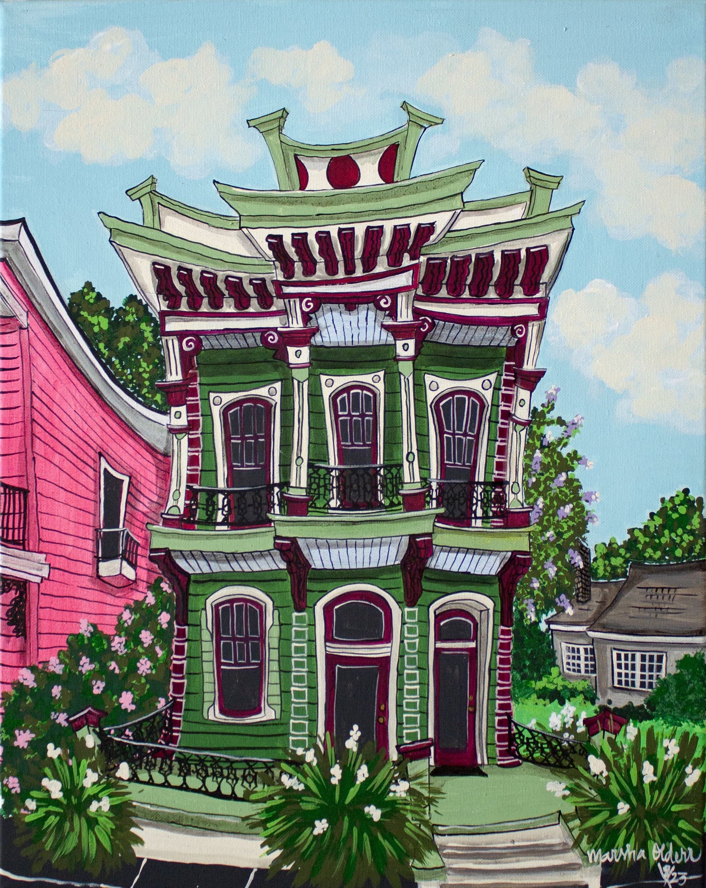 Two Story in Green & Burgundy