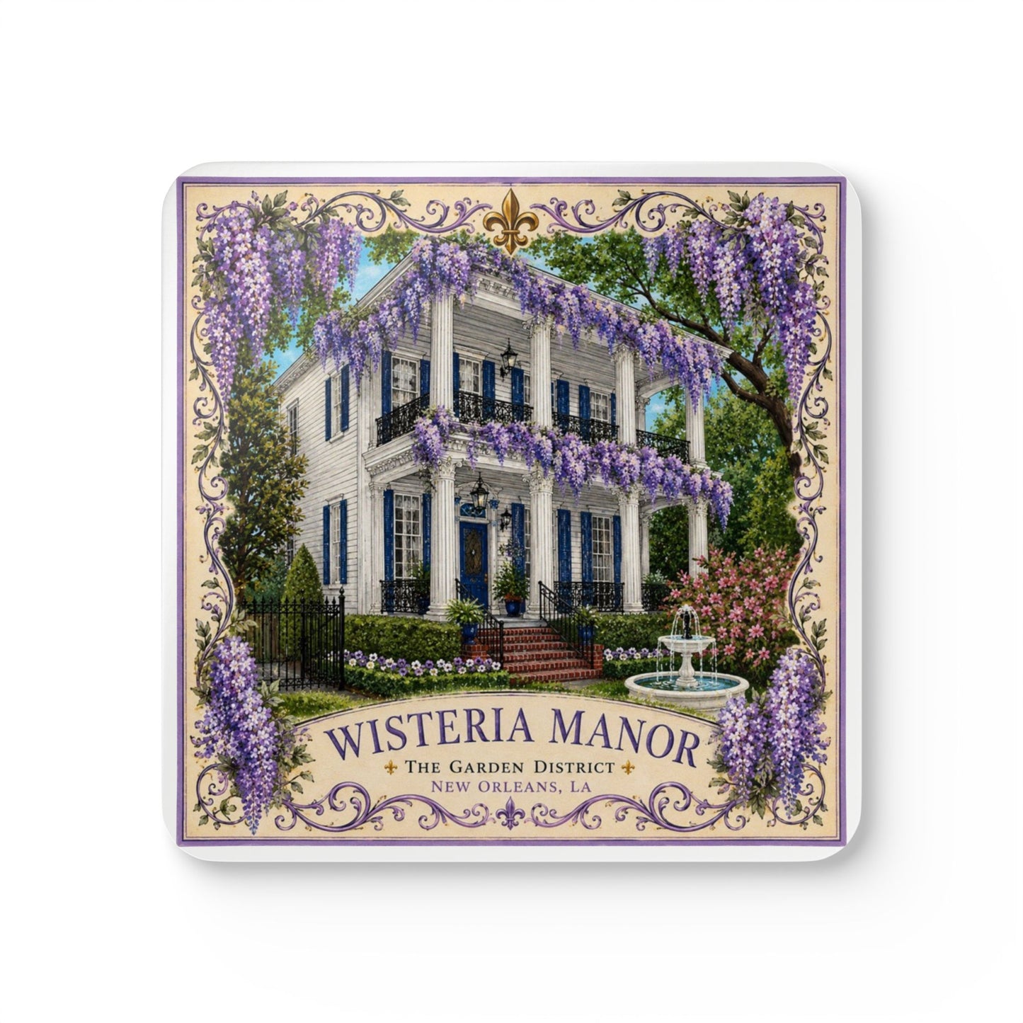 Wisteria Manor Cork Coaster Set — New Orleans Garden District Decorative Drink Coasters/Artwork by Marsha Olderr