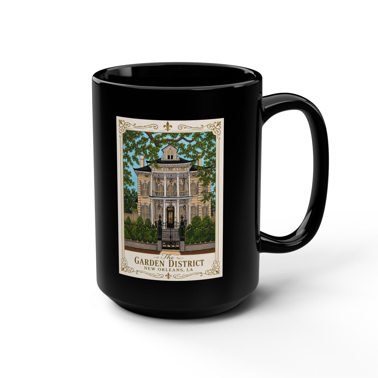 New Orleans Garden District Mug - Original Art by Marsha Olderr/15oz Black Ceramic