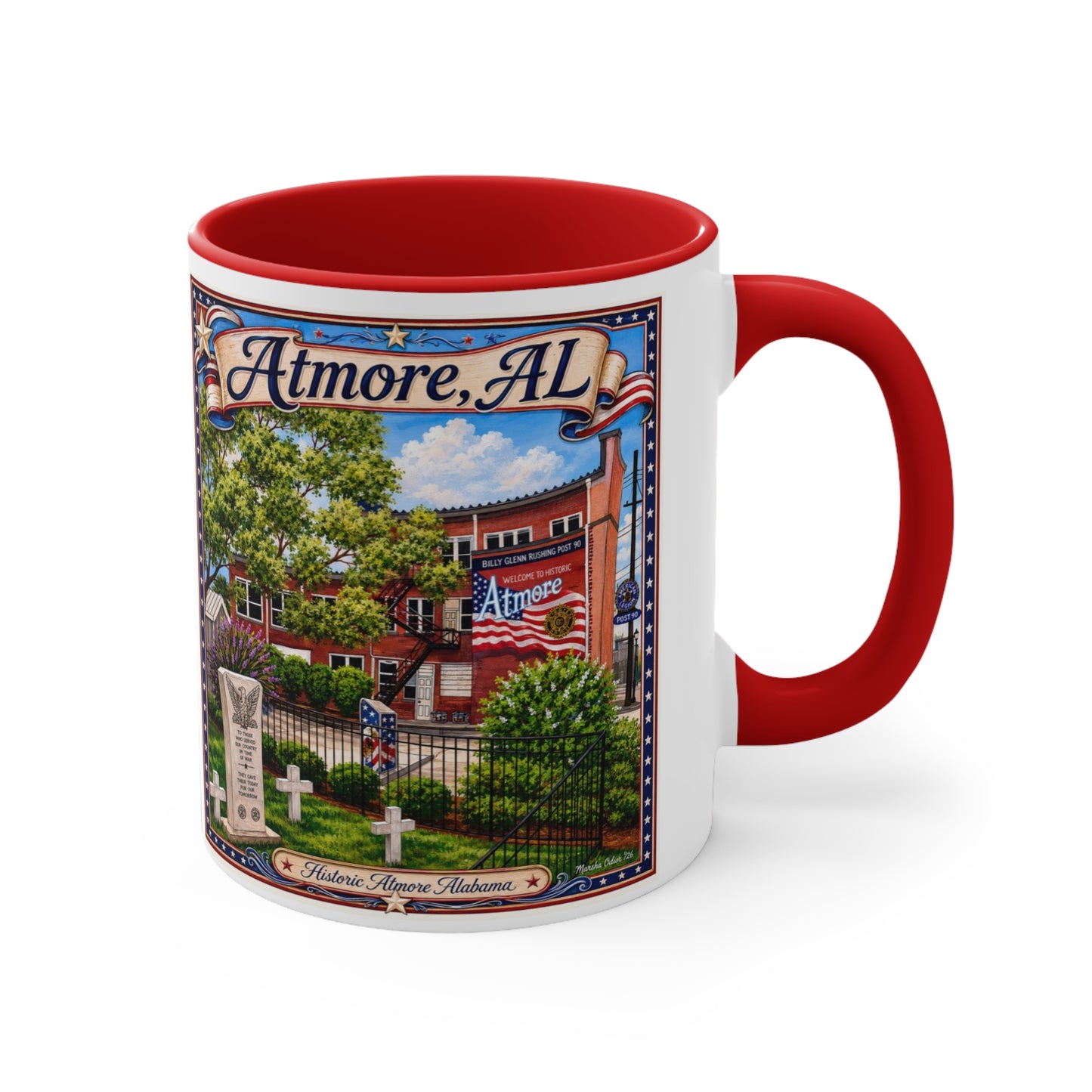 Atmore, Alabama Patriotic Mug — Historic Atmore Art Coffee Mug/ Marsha Olderr Artistry, 11oz Ceramic Coffee Cup