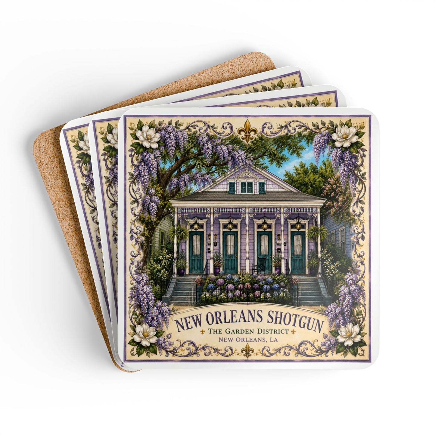 New Orleans Shotgun House Cork Coaster Set - Garden District Art/Original Art by Marsha Olderr
