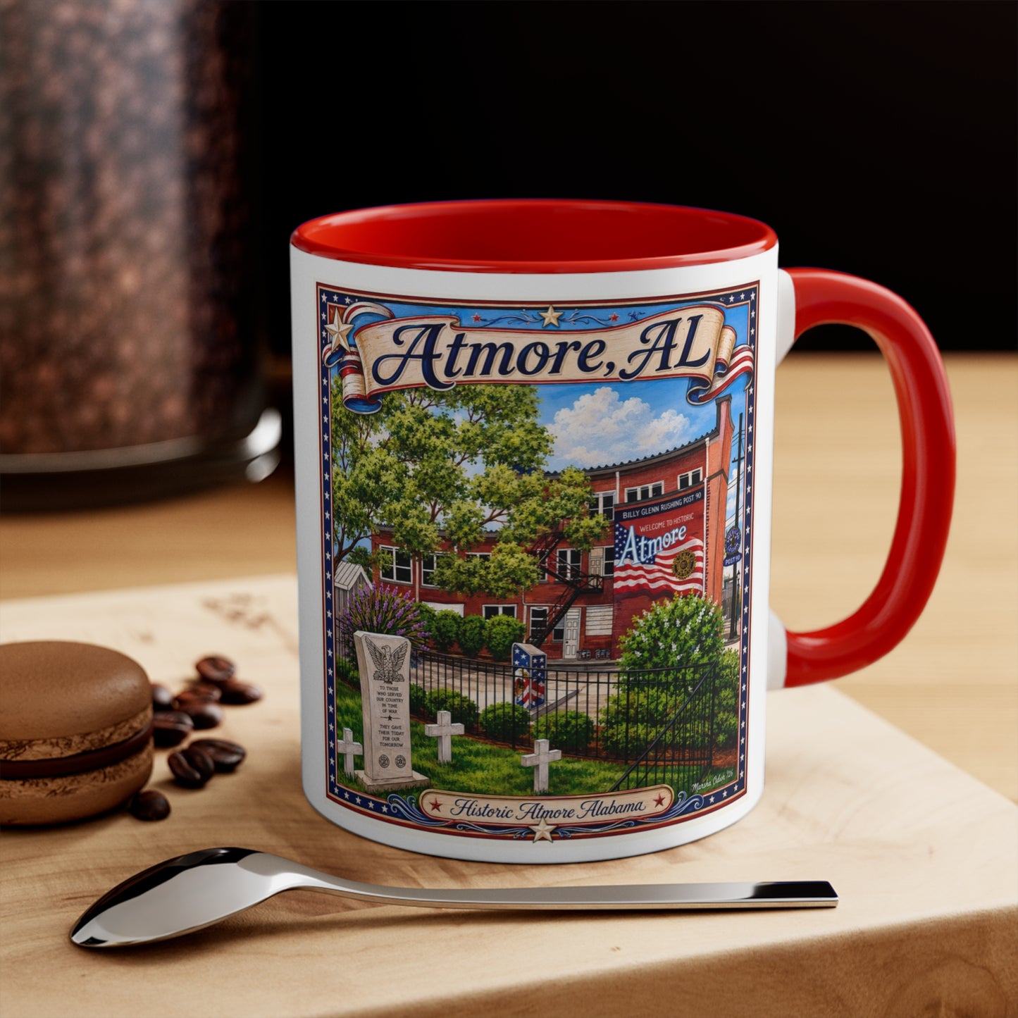 Atmore, Alabama Patriotic Mug — Historic Atmore Art Coffee Mug/ Marsha Olderr Artistry, 11oz Ceramic Coffee Cup